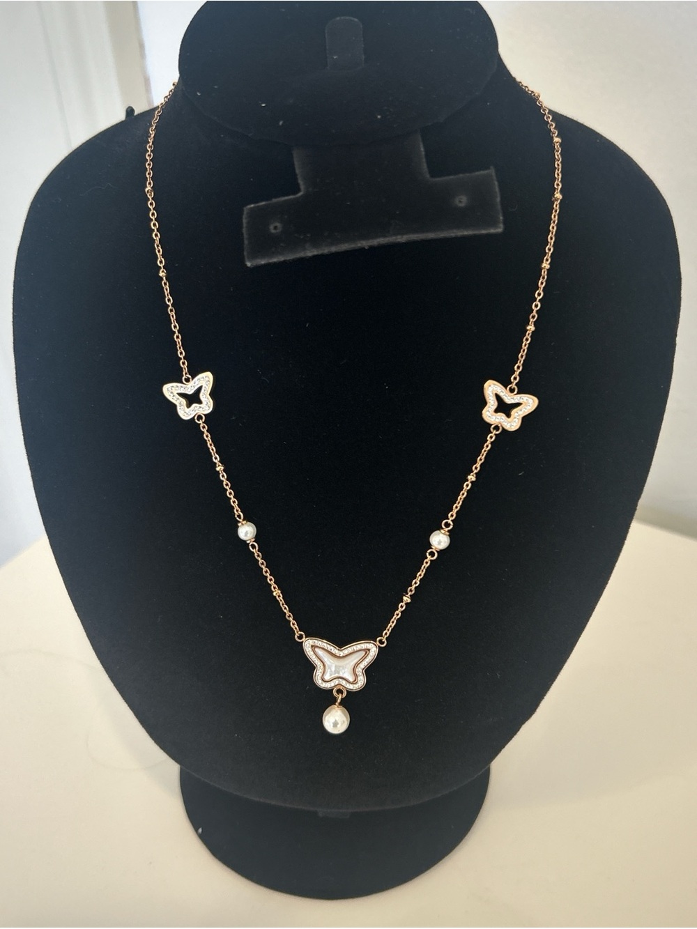 Rose Gold Butterfly & Pearl Station Necklace